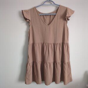 Shein Light Brown Tiered V Neck Dress Ruffle Sleeves Size 6